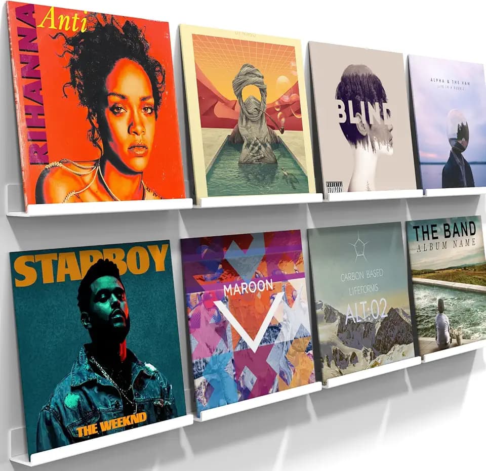 ILYXY Acrylic Vinyl Record Holder Wall Mount – 8 Pack 12-Inch Floating Vinyl Shelves, White Record Display Frames for LP Albums & Wall Decor
