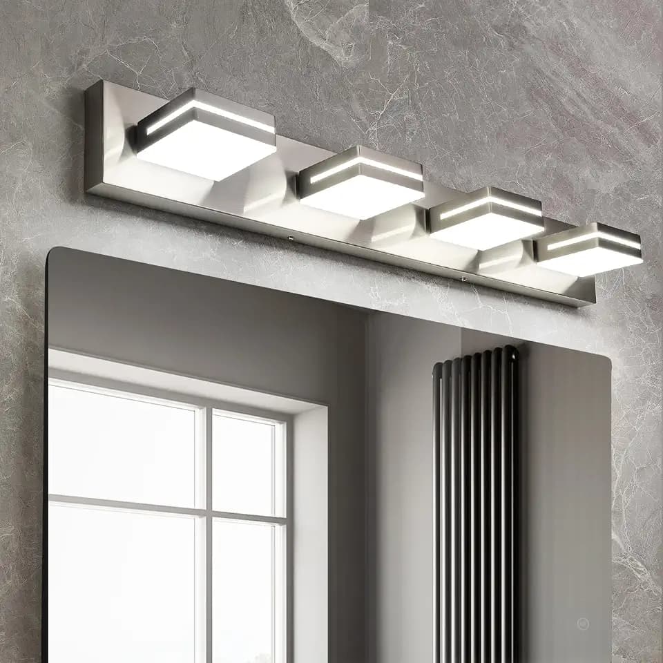 OKELI 4 Light Bathroom Vanity Light Brushed Nickel Modern 32W LED Dimmable Vanity Light Over Mirror 350° Adjustable Lamp Head Cold White 6000K ETL Listed 30Inch
