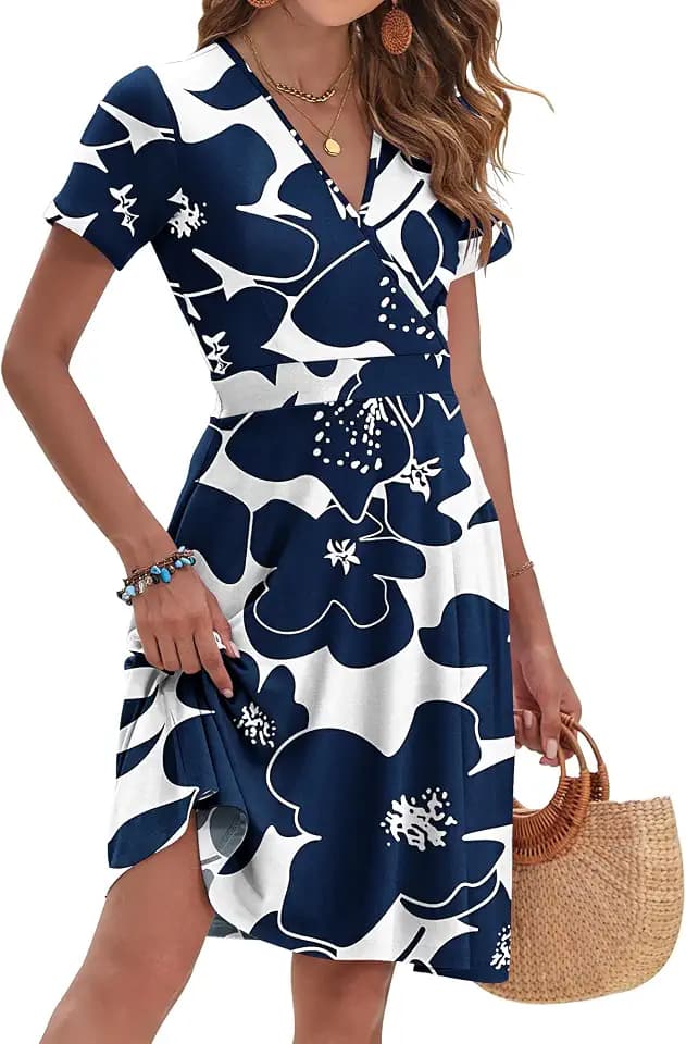 Womens Summer Floral Faux Wrap A-Line Dress with Pockets