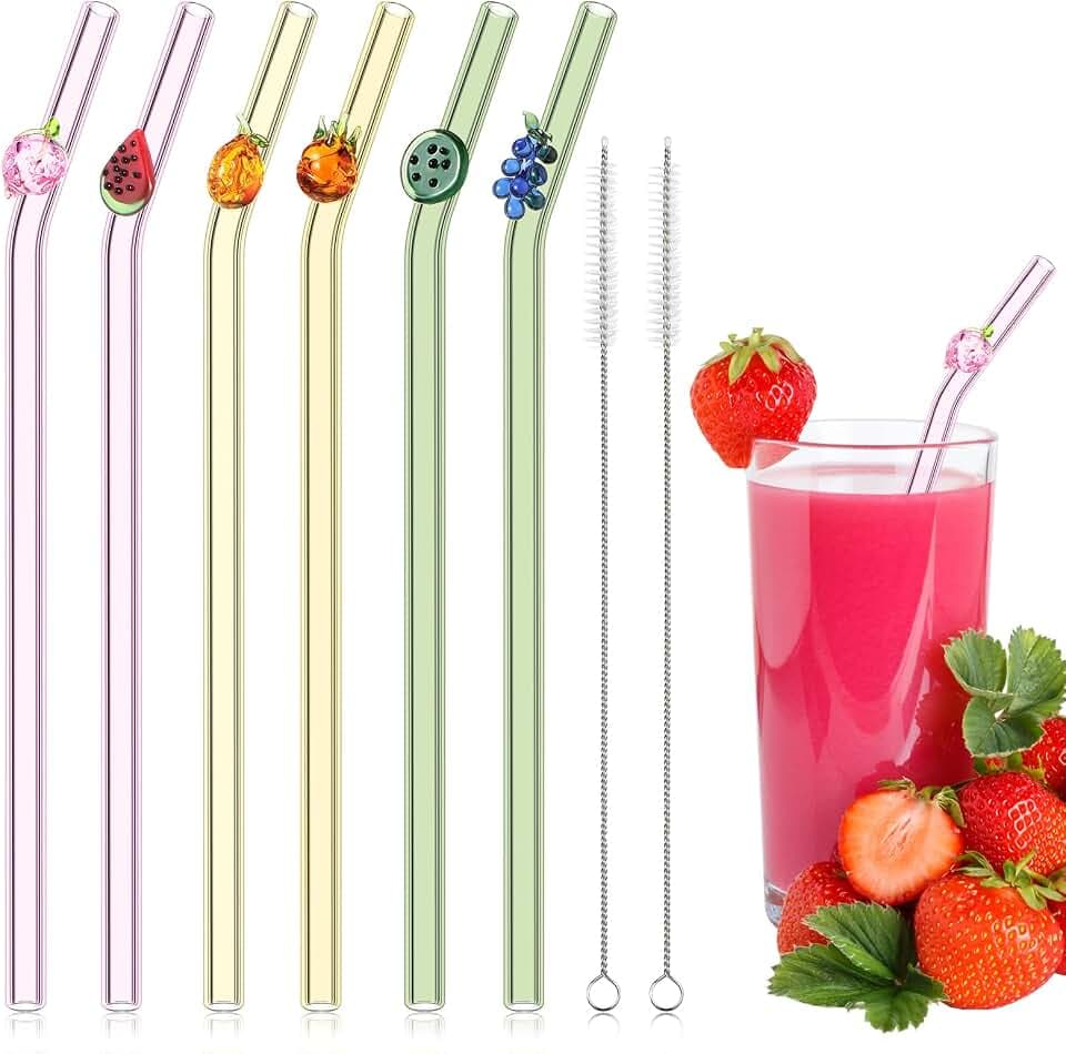 Queekay 6 Pcs Glass Straws Reusable, Cute Fruit Charms, Bent