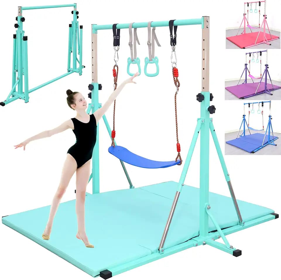FC FUNCHEER Foldable Gymnastics Bar,5FT Horizontal bar,Adjustable Kids Training bar for Kids Ages 3-15,Kids Gymnastics bar,Triangle Stable Structure-Gym Equipment for Home