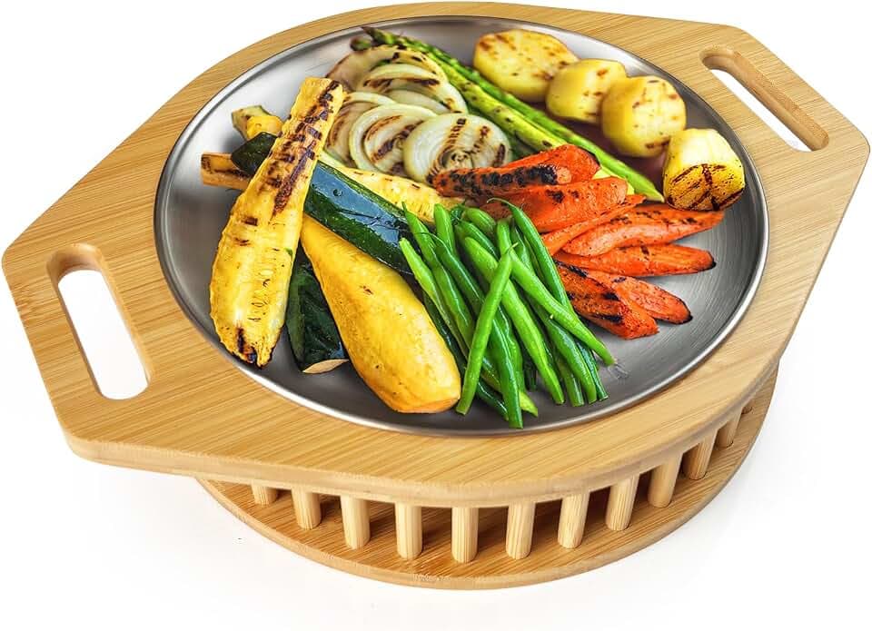BBQ Warmhalteplatte - Warmhaltebehälter Grillgut Teelicht für Grillparty - Fleischwarmhalter für Grillen - Grillgut Warmhalten mit Edelstahlauflage und Tollem Holzdesign für Fleisch & Beilagen
