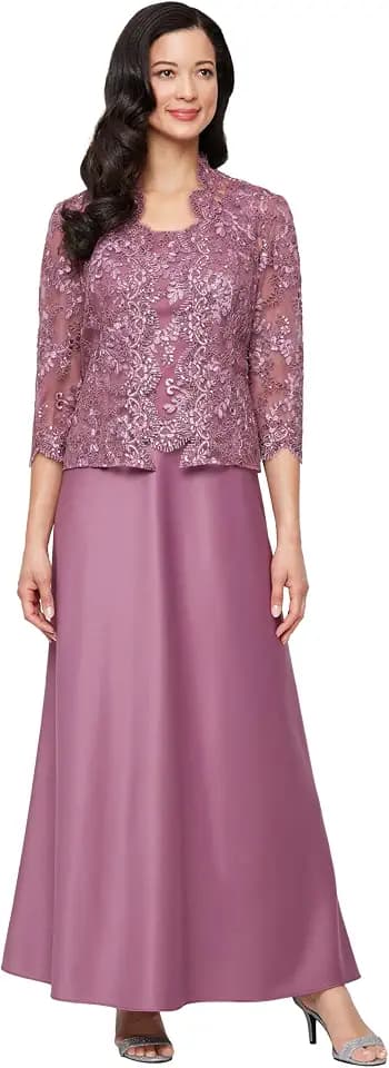 A-Line Midnight Polyester/Nylon/Spandex Midi Dress with Scalloped Lace Sequin Jacket by Alex Evenings