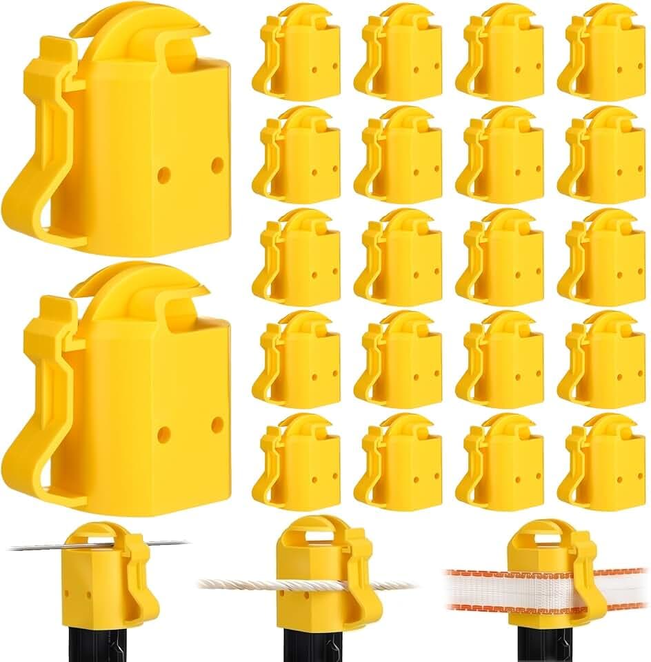 24 Pcs T-Post Topper Insulator, Yellow Electric Fence Insulators T Post Safety Cap, Heavy-Duty UV-Resistant T Post Caps for Wire Polywire or Tape, Livestock Farm Fence Supplies