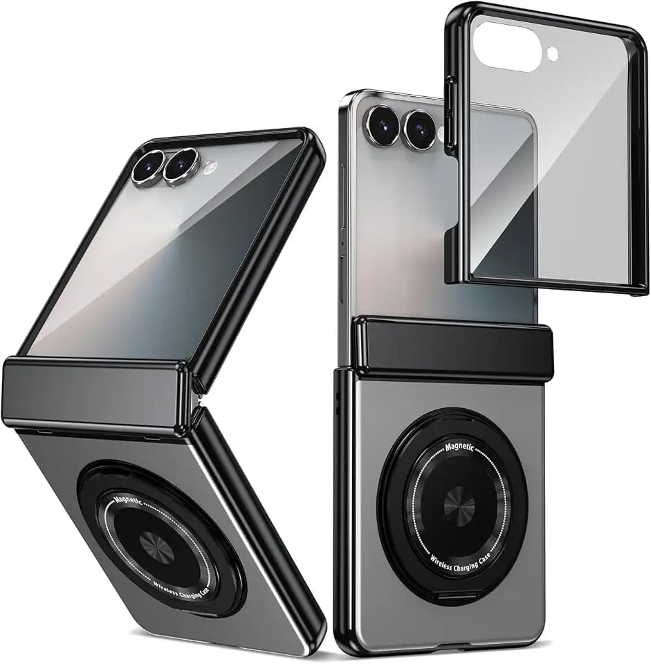 Magnetic Folding Case for Samsung Galaxy Z Flip 7 with Kickstand 360 Rotatable Stand, Aluminium Alloy with Hinge Protection & Front Screen Protector (Silver)