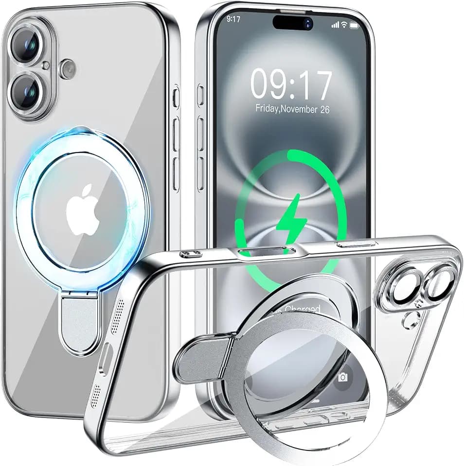 Magnetic for iPhone 16 Case with Invisible Stand[Compatible with MagSafe][Full Camera Lens Protector][Military Drop Protection] Shockproof Not Yellowing Clear Slim Soft for Women Men