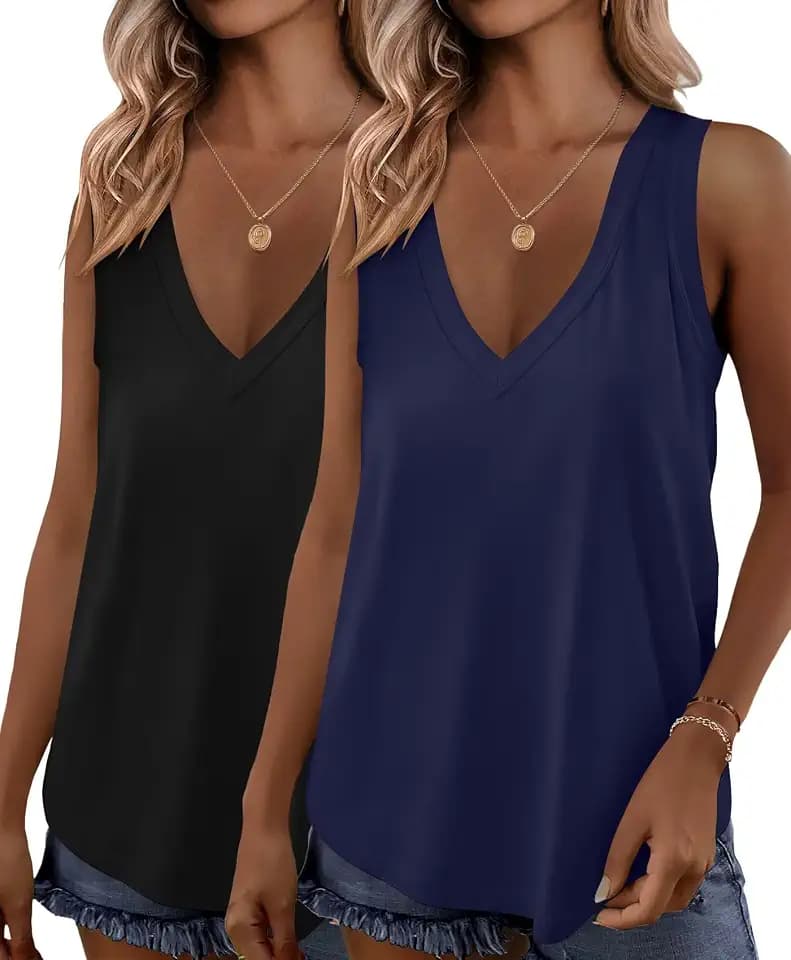 KKJ 2 Pack Womens Tank Tops V Neck Summer Sleeveless Loose Fit Flowy Shirts
