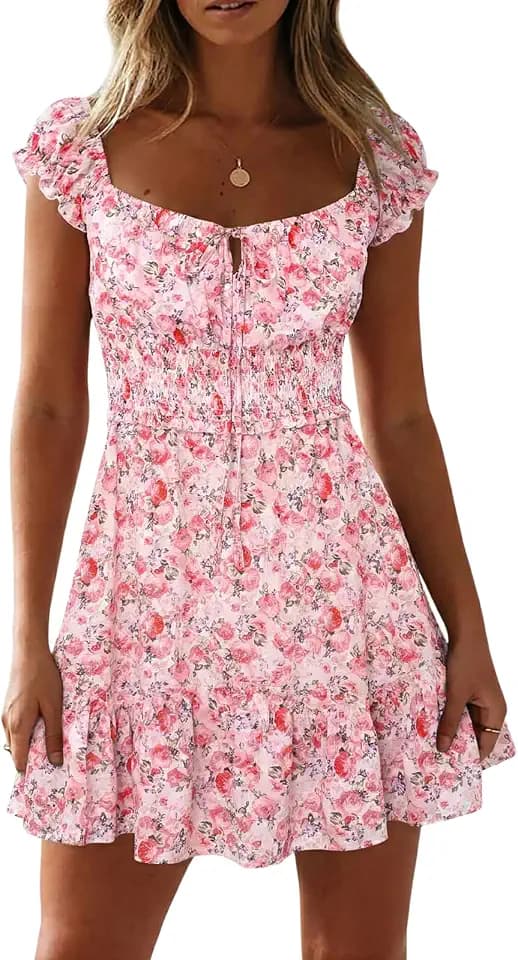 Womens Summer Floral Sundress Ruffle Sleeve Sweetheart Short Mini Dresses