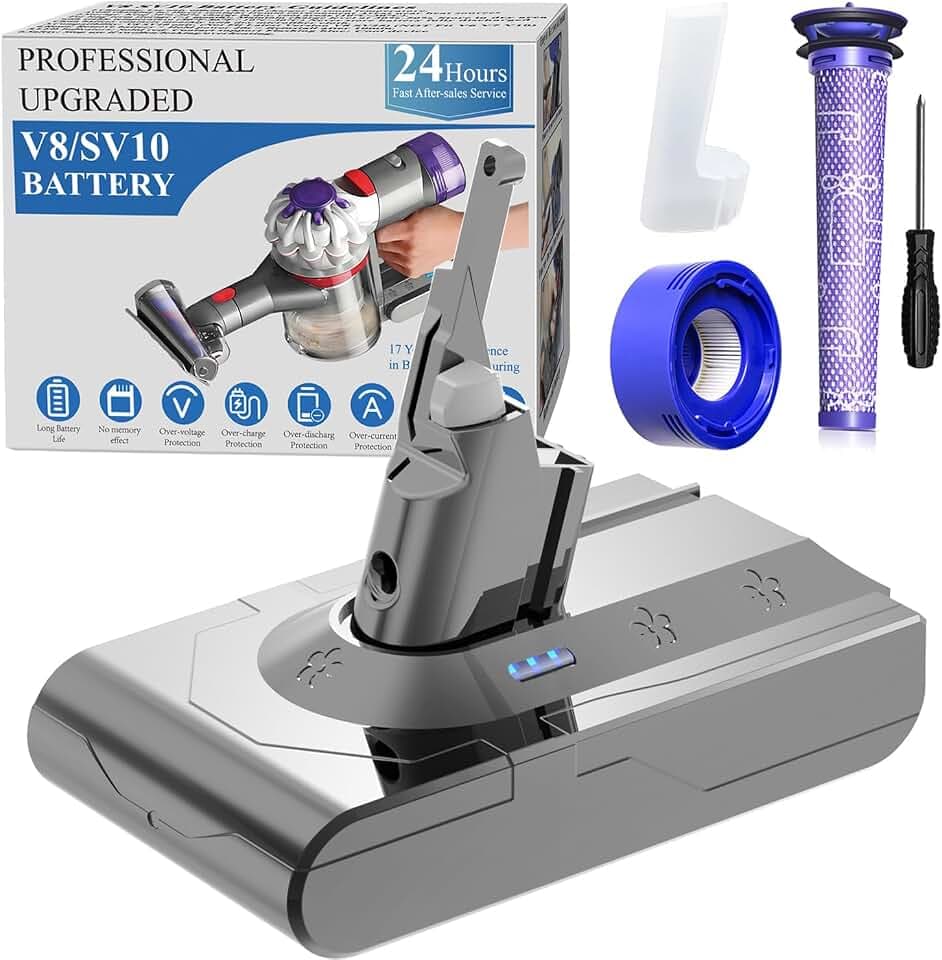 DTK Professional Ersatzakku für Dyson V8 Akku SV10 SV25, kompatibel mit Dyson V8 Animal, Absolute, Motorhead, Trigger, Fluffy staubsauger – Modellnummern 215681 967834 inklusive 2 Filter