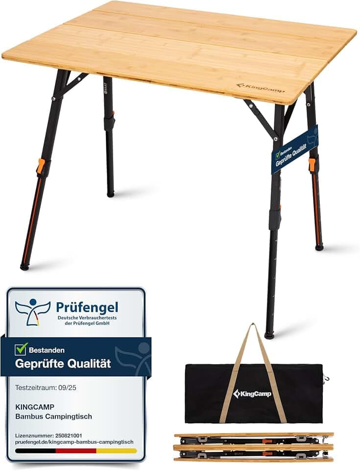KingCamp Campingtisch Bambus Klappbar Höhenverstellbar 42-70 cm bis 80kg | Klapptisch, Faltbar, Stabil, Kompakt, Schneller Aufbau, Robuster Aluminiumrahmen für Camping Picknick Garten Balkon 80x60cm