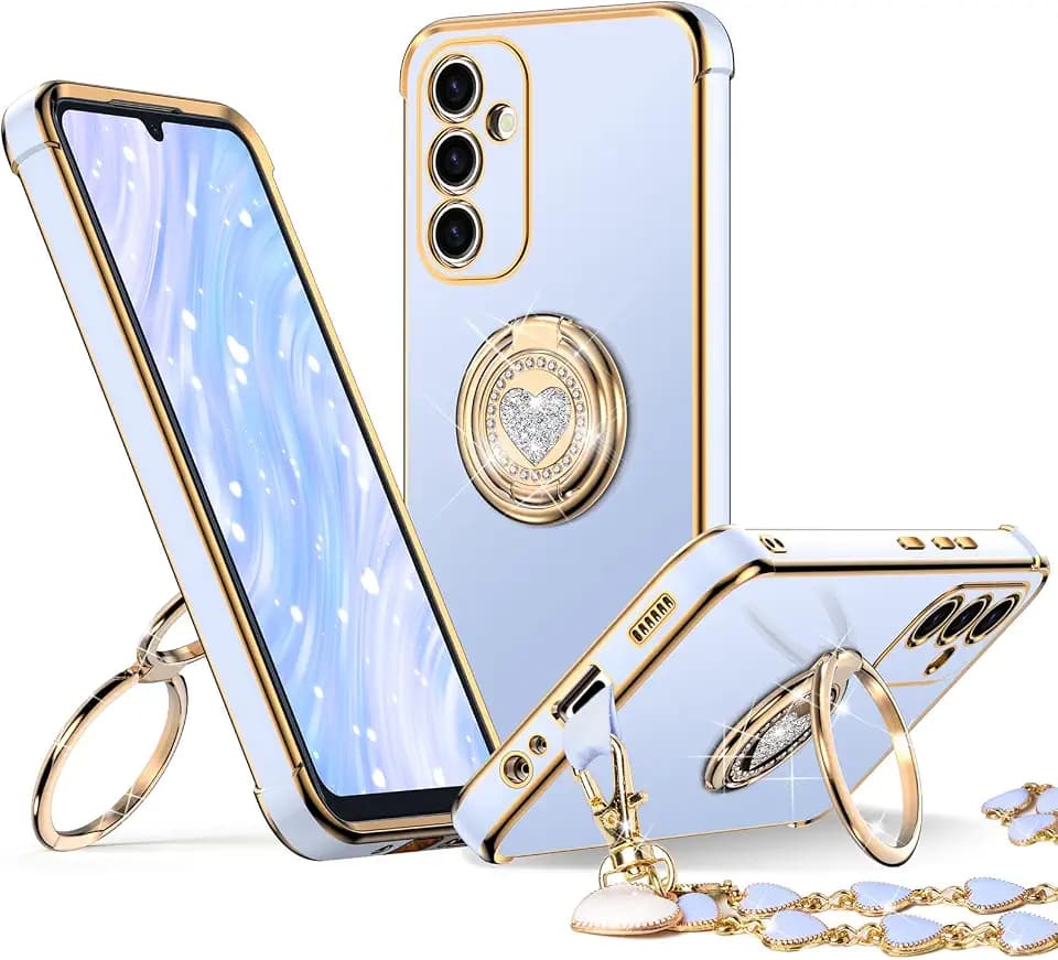 XYZ for Galaxy A14 5G Case with Stand, Samsung A14 5G Case with Double Ring, Women Girls Bling Luxury Protective Phone Case Heart for Samsung Galaxy A14 5G, Blue