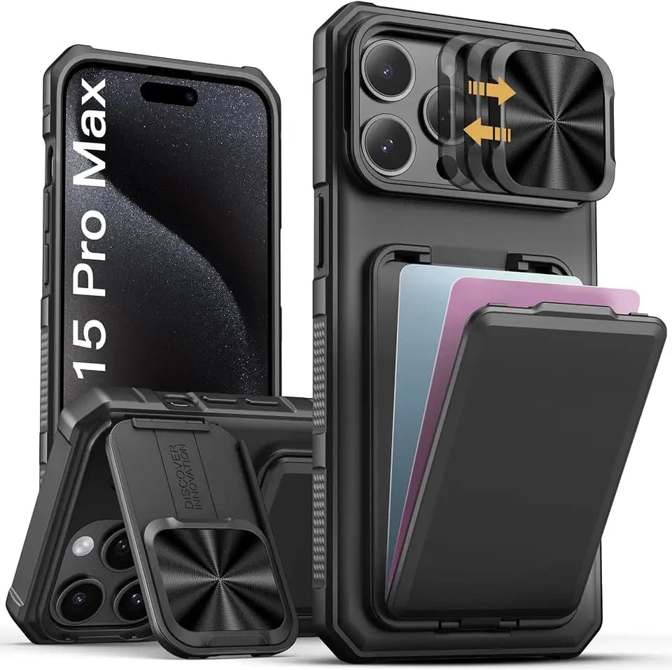 SSLOTSCASE for iPhone 15 Pro Max Case with Card Holder & Kickstand, Black