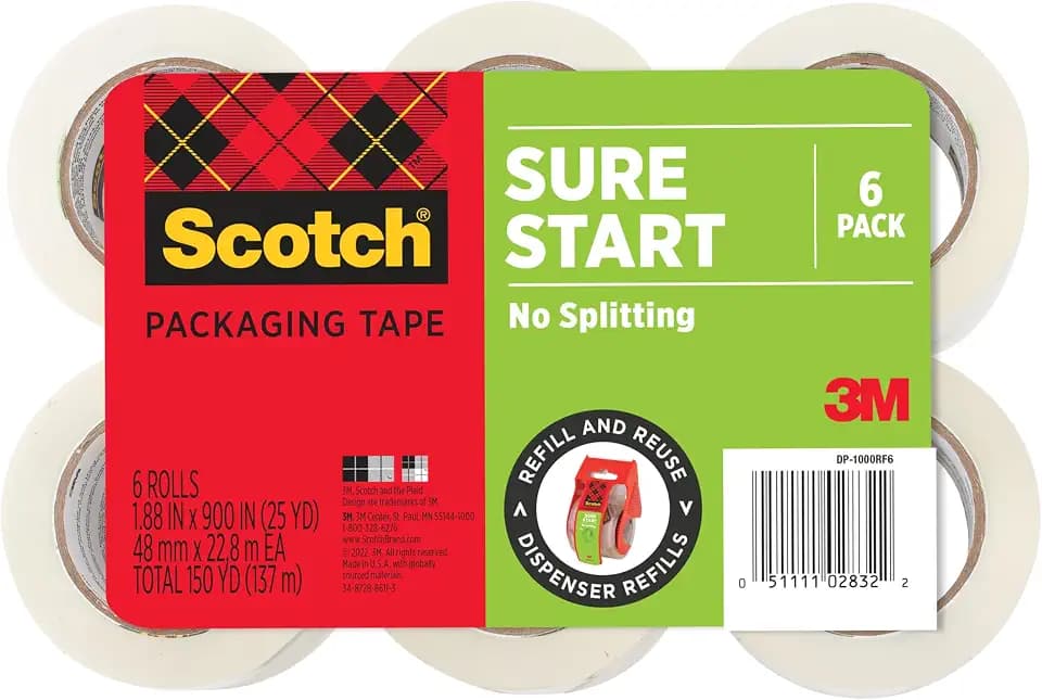 Scotch Sure Start Packing Tape Refill, 900 in x 900 in, 6 Rolls