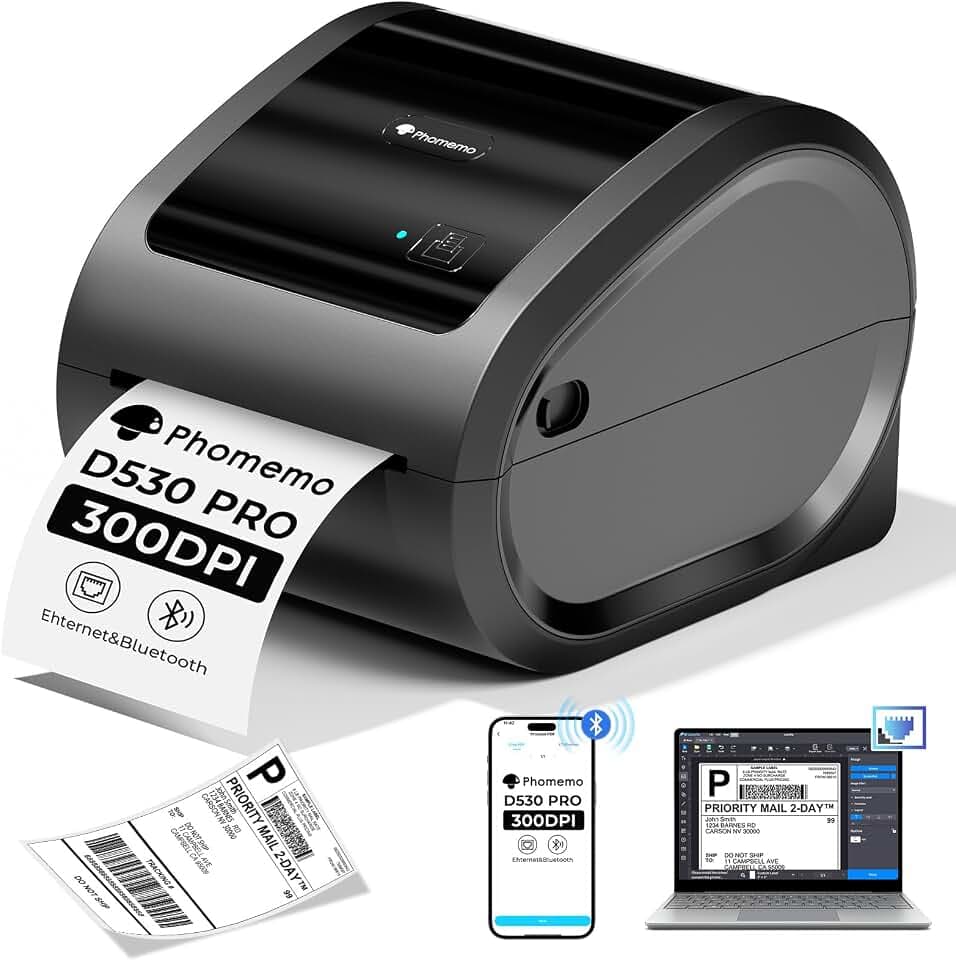 Phomemo 300DPI Ethernet Thermal Label Printer 4x6 with Built-in Paper Bin