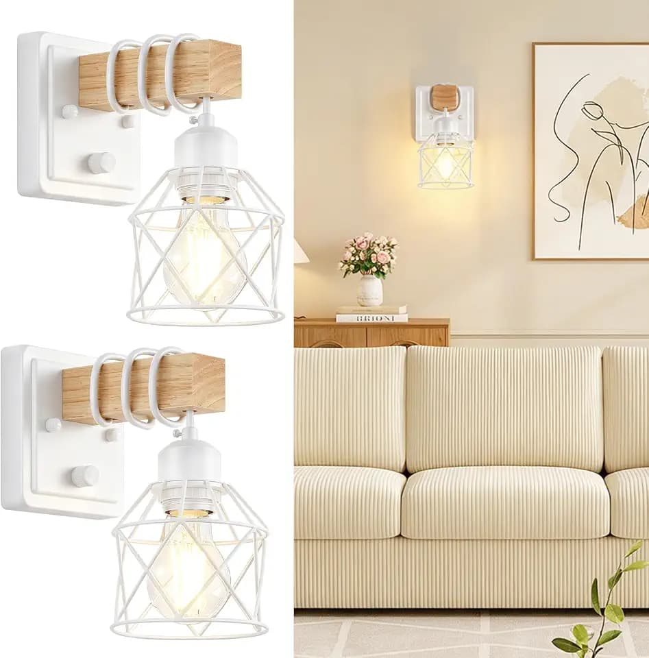 FadimiKoo Wall Sconces Set of Two, Farmhouse Hardwired White Wall Lamps with Wooden Arm & On/Off Dimmable Switch, Modern Bathroom Light Fixtures with Metal Shade for Living Room, Hallway, Bedroom