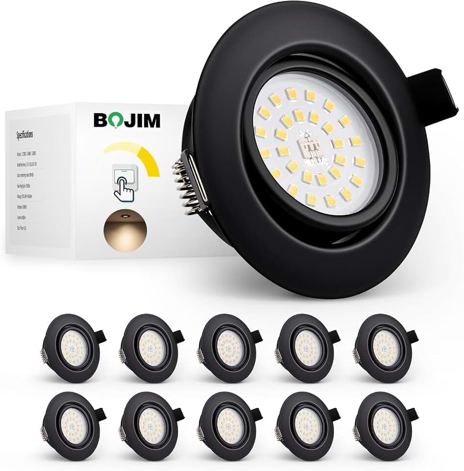 BOJIM LED Einbaustrahler 230V Schwarz Dimmbar, Energieeffizienzklasse D | Spots Neutralweiß 5.5W 650lm, 68mm - 80mm Lochmaß, Einbauspots Schwenkbar für Küche Bad Wohnzimmer, 10er Set