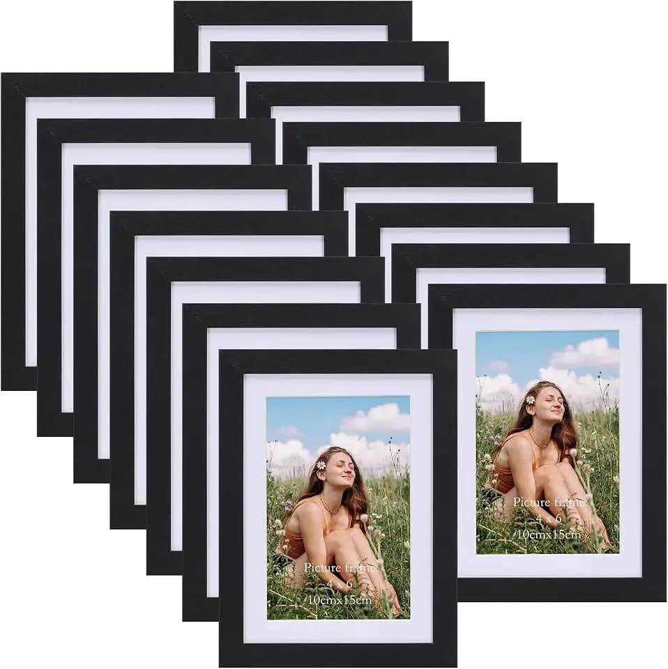 Schwarze Bilderrahmen 15er-Set, für 10x15 Bilder mit Passepartout oder für Bilder 13x18 ohne Passepartout, Wand- und Tischaufstellung, Mdf