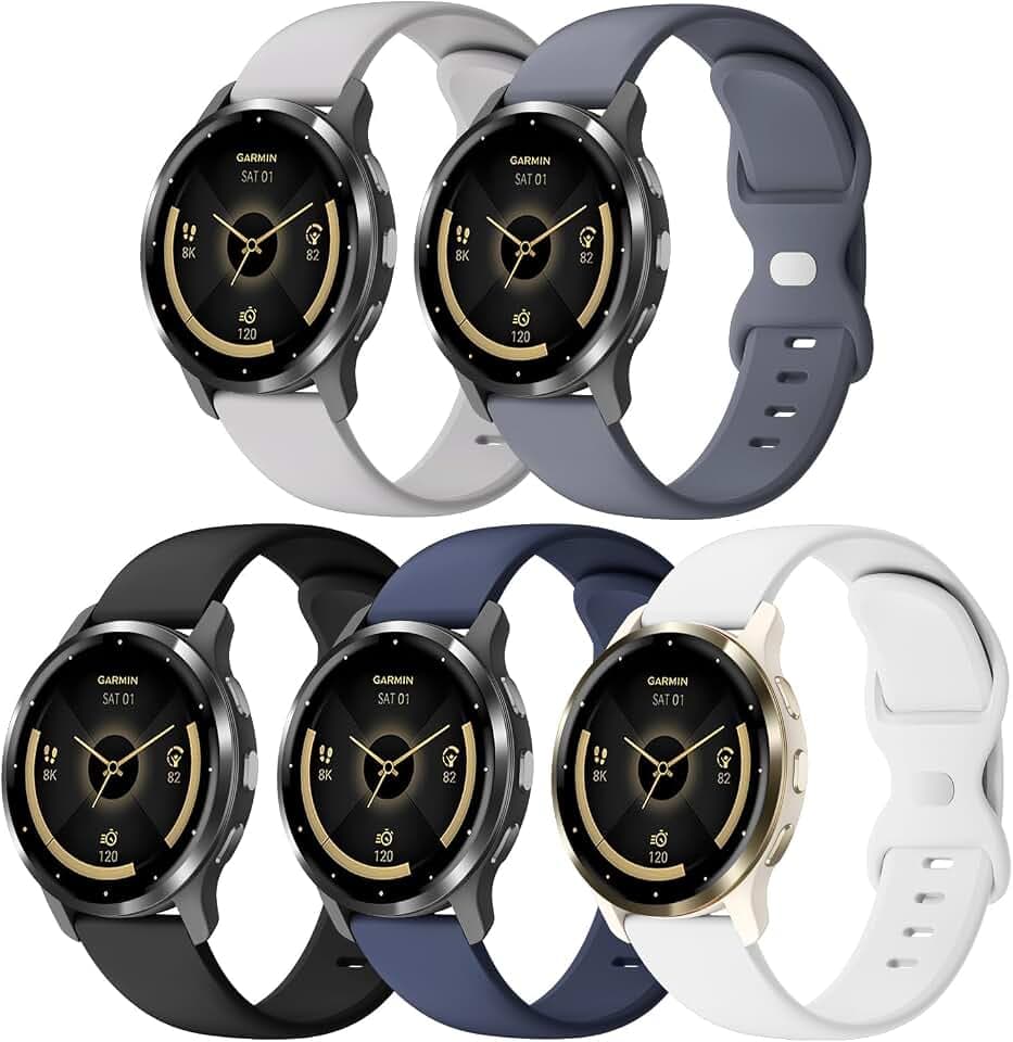 5 Pack 18mm Silicone Watch Band Compatible with Garmin Vivoactive 4S/Vivomove 3S/Venu 3S 41mm/Venu 4 41mm/Venu 2S/Forerunner 255S/265S, Quick Release Soft Sport Straps for Women Men
