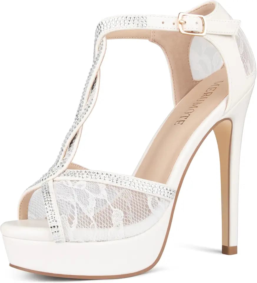 MERUMOTE Peep Toe Platform Stilettos Rhinestone Heels Lace Heels for Women