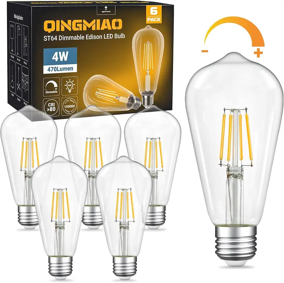 Qingmiao Dimmable ST64 LED Edison Bulbs, 4W 3000K Soft, E26, 6 Pack