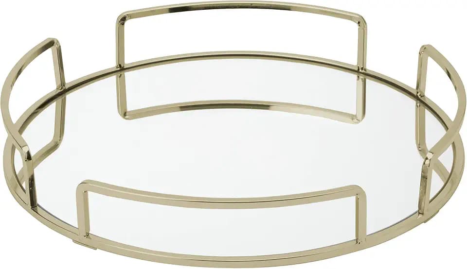 Home Details Rounded Mirrored Vanity Tray | Dimensions : 12.99" L x 12.99" W x 2.05" H | Glass Base | Great for Cosmetics | Jewelry | Toiletries | Organization | Stain Gold