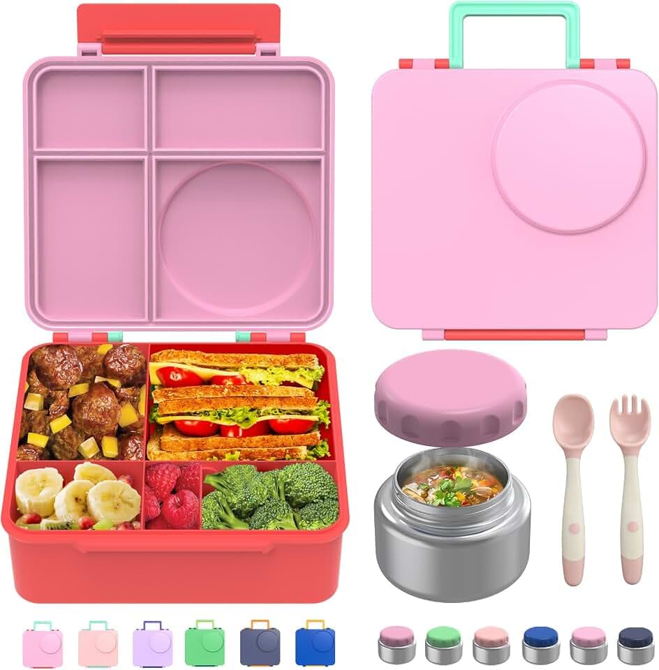 Bento Box for Kids - Leak-Proof Bento Lunch Box with Insulated Thermo Food Jar - 4 Compartments, 1 Removable Divider, 1 Spoon, 1 Fork - Dishwasher Safe, BPA-Free (Pink)