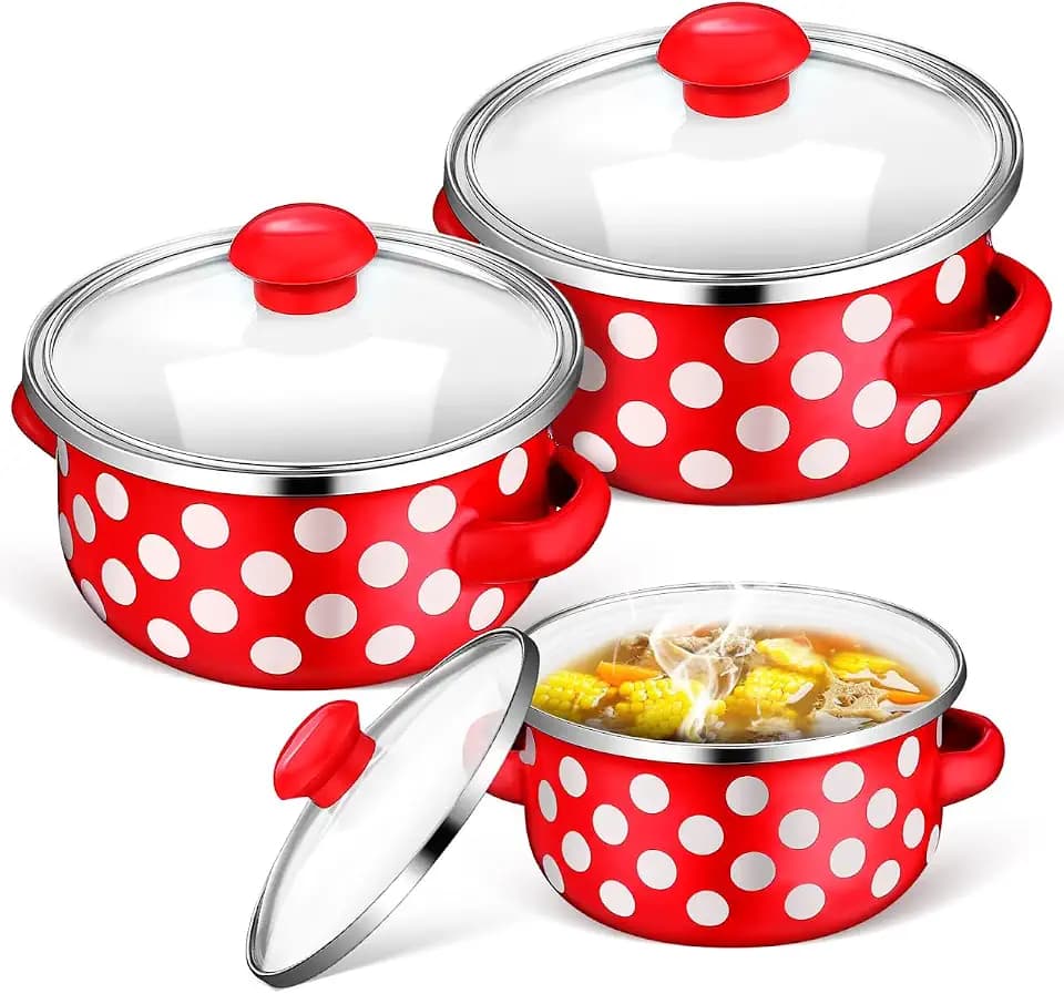 VALICLUD Emailletopf Set 3-Teilig Mit Deckel Kochtopf Klein Mit Griff Suppentopf Für Suppe Und Nudeln Flacher Boden Für Die Küche