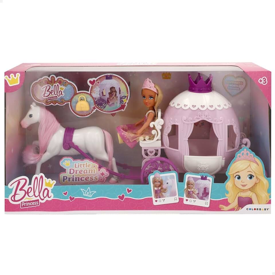 ColorBaby Schöne Prinzessin-Puppe, 15 cm, beweglich, Kutsche mit weißem Pferd, inklusive Tasche und Krone, Design in Rosa- und Lilatönen, Spielzeug für Mädchen 3 Jahre, Prinzessin-Spiele (39393)