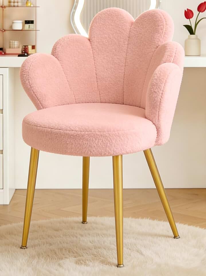 WAYTRIM Pink Vanity Chair with Back Makeup Chair Vanity seat Accent Chair Cute Desk Chair for Girls with Adustable Gold Legs, Flower Petal Back Design Chair for Bedroom, Home Office