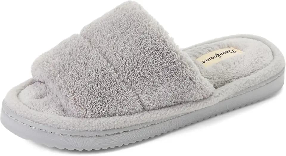 Dearfoams womens Sharon Terry Slide House Shoes With Memory Foam, Fuzzy Cozy Indoor Summer Slippers