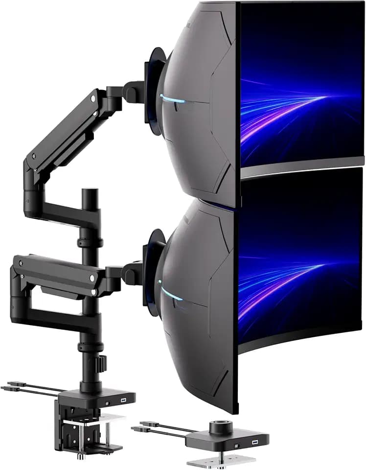 Mount-It! Proflex Series Stacking Dual Ultrawide Monitor Arm for 17–49” Screens, Height-Adjustable Pole, Heavy Duty Gas Spring, USB-C & USB 3.0, Full Motion, VESA 75/100, Clamp or Grommet