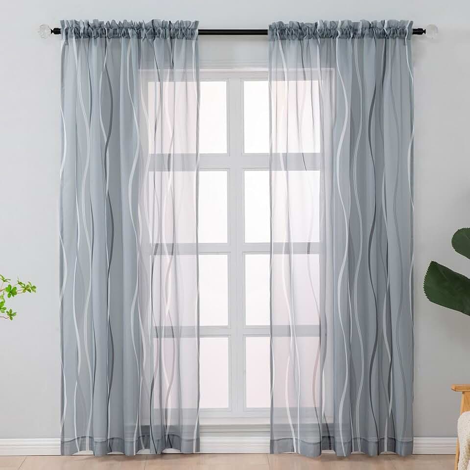 L.Z.E Grey and White Sheer Curtains 108 Inch Long 2 Panels Set for Living Room, Extra Long Voile Sheer Curtains & Drapes for Bedroom Dining Room, Rod Pocket Wave Pattern Window Sheers (55W x 108L)