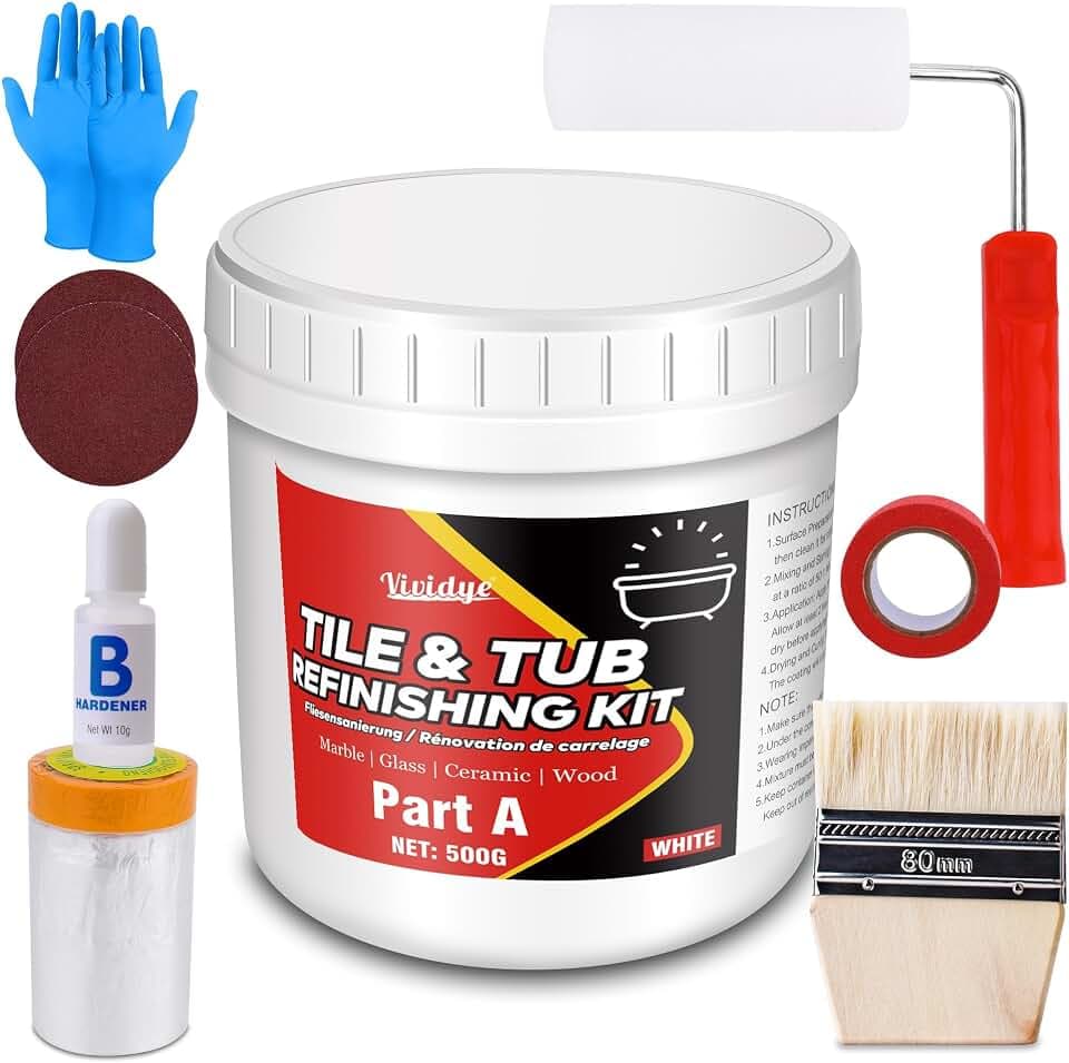 Badewannenlack und Fliesenfarbe, 500g Fliesen Renovierungsset mit Werkzeugsatz, Fliesen Reparaturset Weiß für Badewanne, Arbeitsplatte, Waschbecken, Boden, Wand und Küche, Wasserdicht & VOC-frei