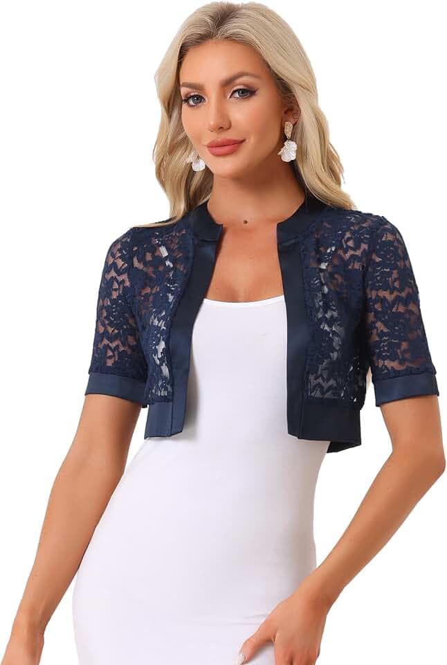 Allegra K Bolero Shrug für Damen Satin Panel Kurzarm Spitze Cardigan