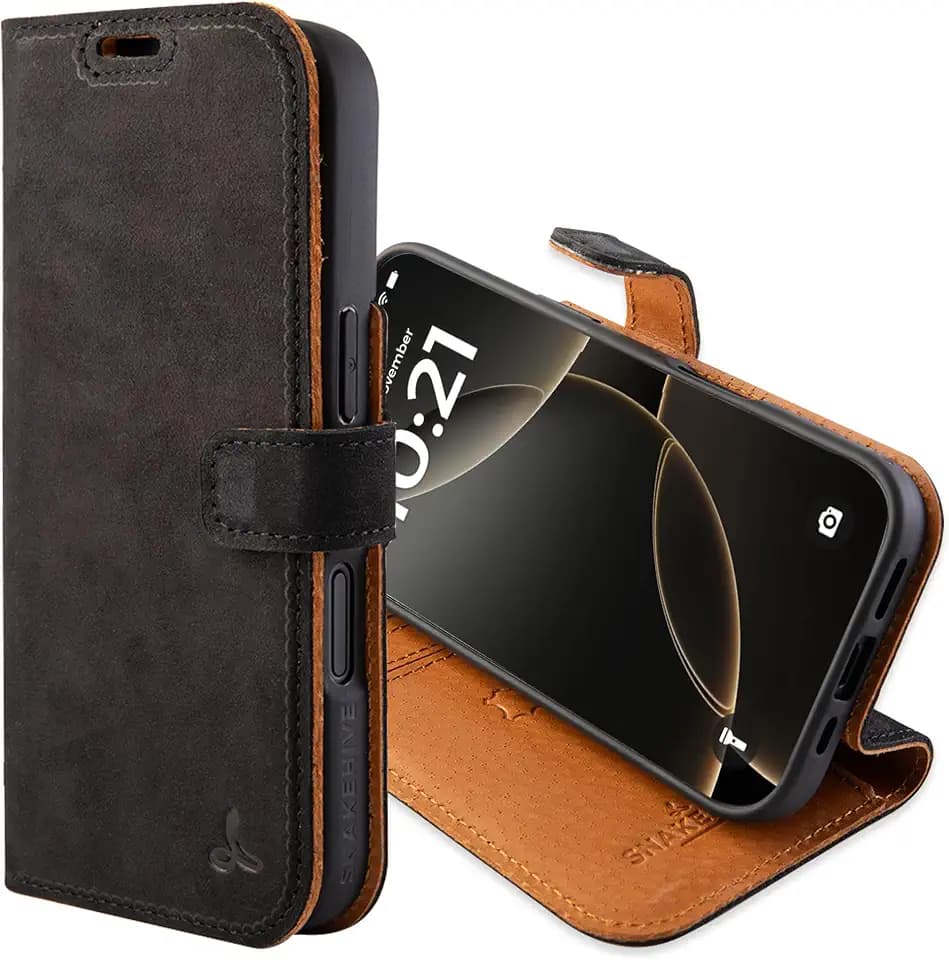 Snakehive Genuine Leather Wallet Case for iPhone 17 – Flip Cover with Card Slots & Stand (Black)