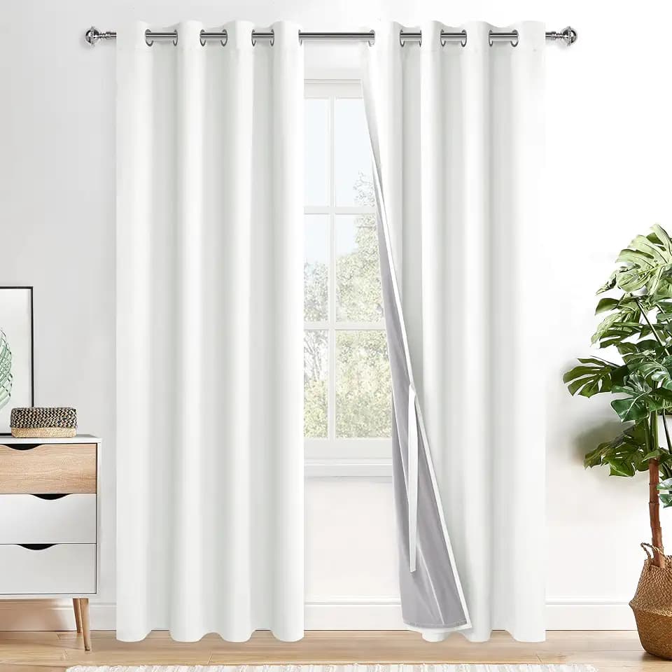 XWZO 100% Blackout Window Curtains 84 Inches Long- Thermal Insulated Black Liner Grommet Window Treatment Sewn with Tiebacks for Bedroom/Living Room/Nursery, Ivory, W52 x L84, Set of 2 Panels