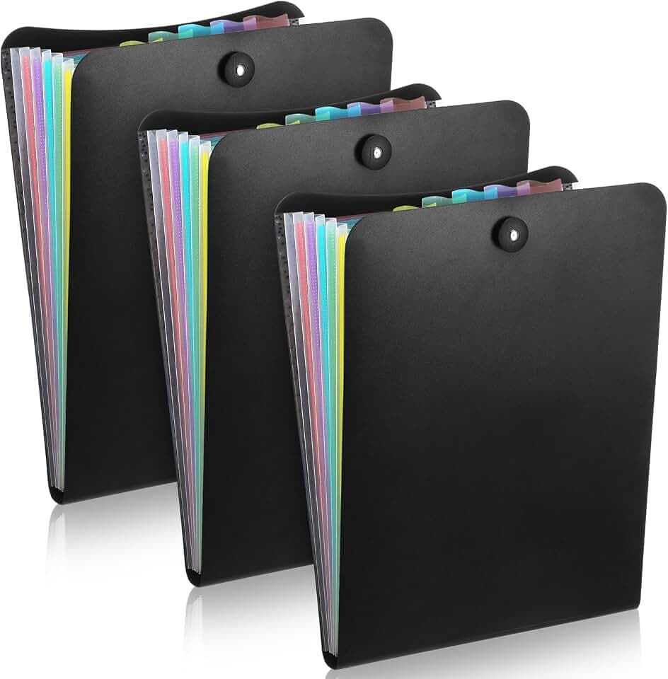 MotiMind 3 Pack Black Vertical File Folder Expanding Folder with 7 Pockets File Organizer Letter Size Portable Document Holder for Office Classroom Home Supplies