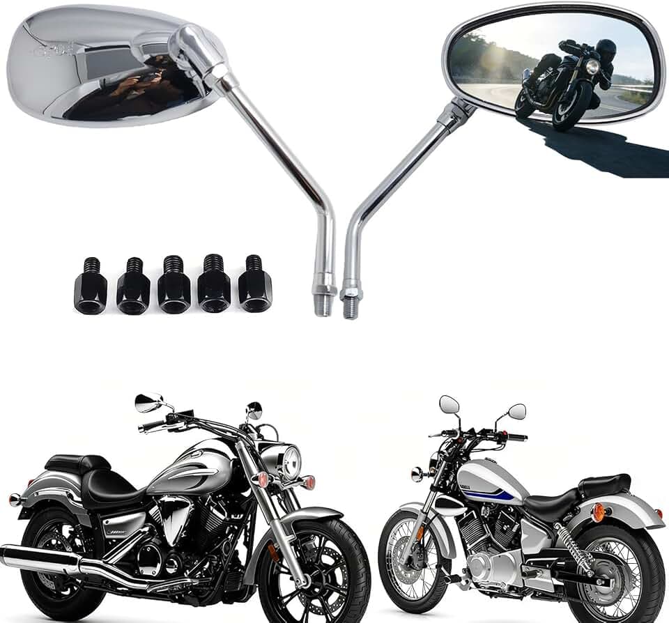 Universal Motorrad Spiegel, 10MM 8MM Chrom Motorrad Rückspiegel Kompatibel mit Street Bikes Sport Bikes ATV Quad Scooter Cruiser Touring (Chrome-(10mm Mirror+screw))
