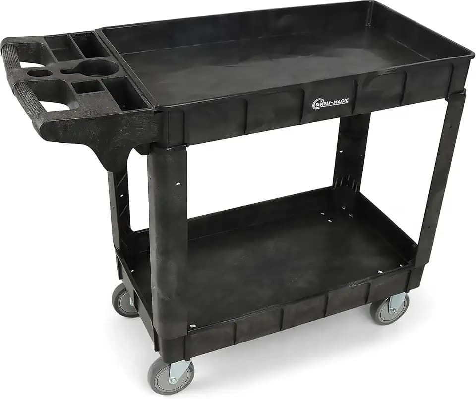 Simpli-Magic Rolling Utility Cart on Wheels, Heavy Duty with Ergonomic Handle, Deep Shelves for Garage, Warehouse, Workshop, 600-Pound Capacity, 40x33x17-Inch, Steel, Black