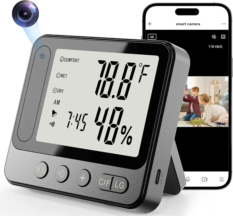 Hidden Spy Camera Thermometer Hygrometer 4K WiFi Night Vision Black