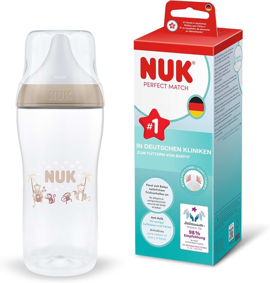 NUK Perfect Match Babyflaschen | 6+ Monate | 360 ml | Anti-Kolik-Babyflasche | PP | Temperature Control Anzeige | Affe | 1 Stück