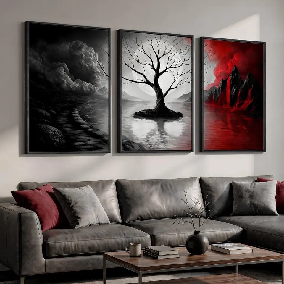 Large Framed Red and Black White Tree Wall Art for Living Room, 24x36 Inch