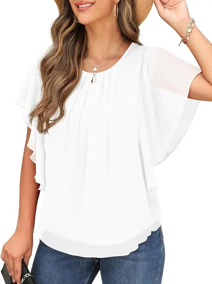 QIXING Chiffon Kurzarm Bluse Damen Sommor Top Damen Elegant Rundhals-Ausschnitt Batwing Sleeve T Shirt Fledermausärmel Tunika