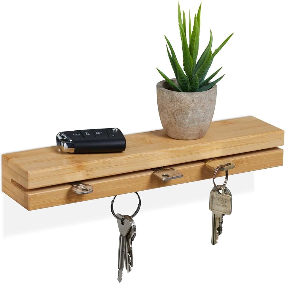 Relaxdays Schlüsselbrett, magnetischer Schlüsselhalter mit Ablage, Bambus, B: 29,5 cm, Schlüsselaufbewahrung Wand, Natur