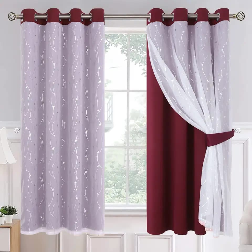 BGment Blackout Curtains with Sheer Overlay, Silver Printed Tulle Double Layer Curtains for Living Room, Grommet Thermal Insulated Window Curtains for Bedroom, 2 Panels Each 52 x 63 Inch, Burgundy