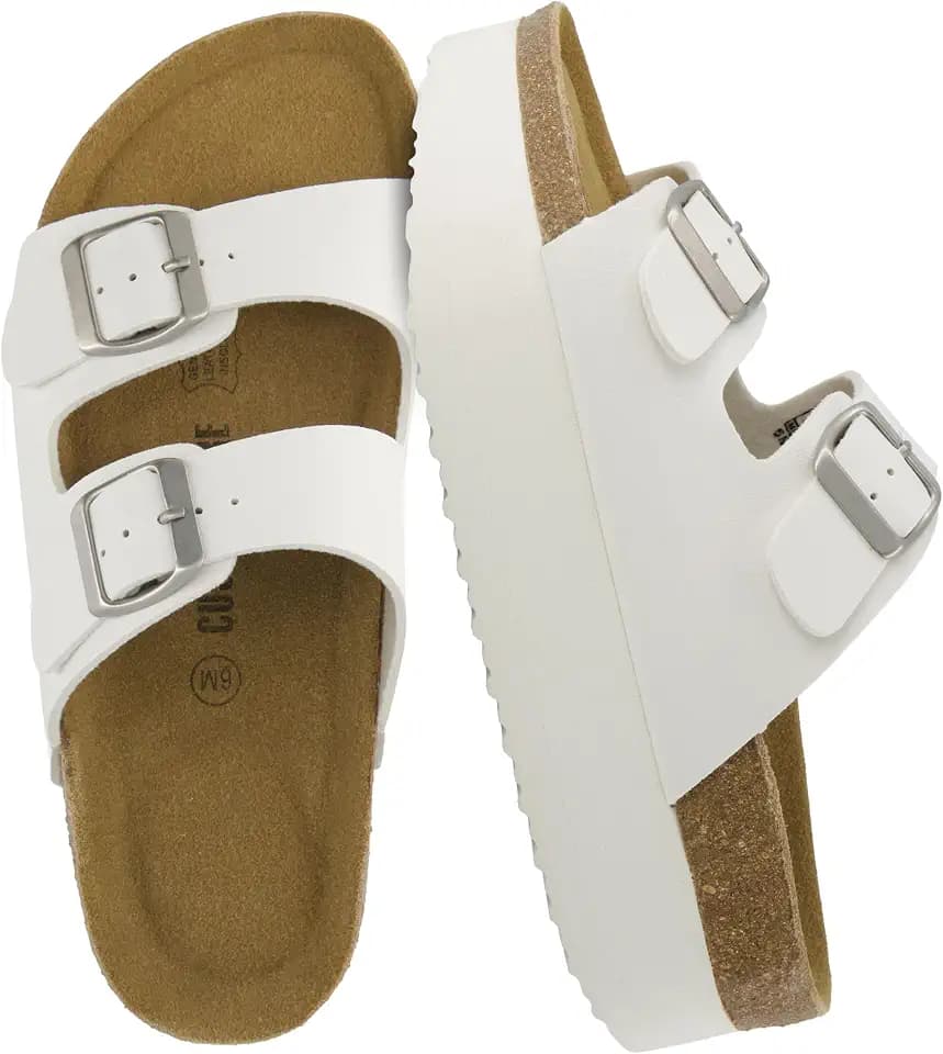 CUSHIONAIRE Plane Platform Sandals for Women with Adjustable Buckles and Genuine Suede Cork Footbed, Memory Foam, Wide Widths Available