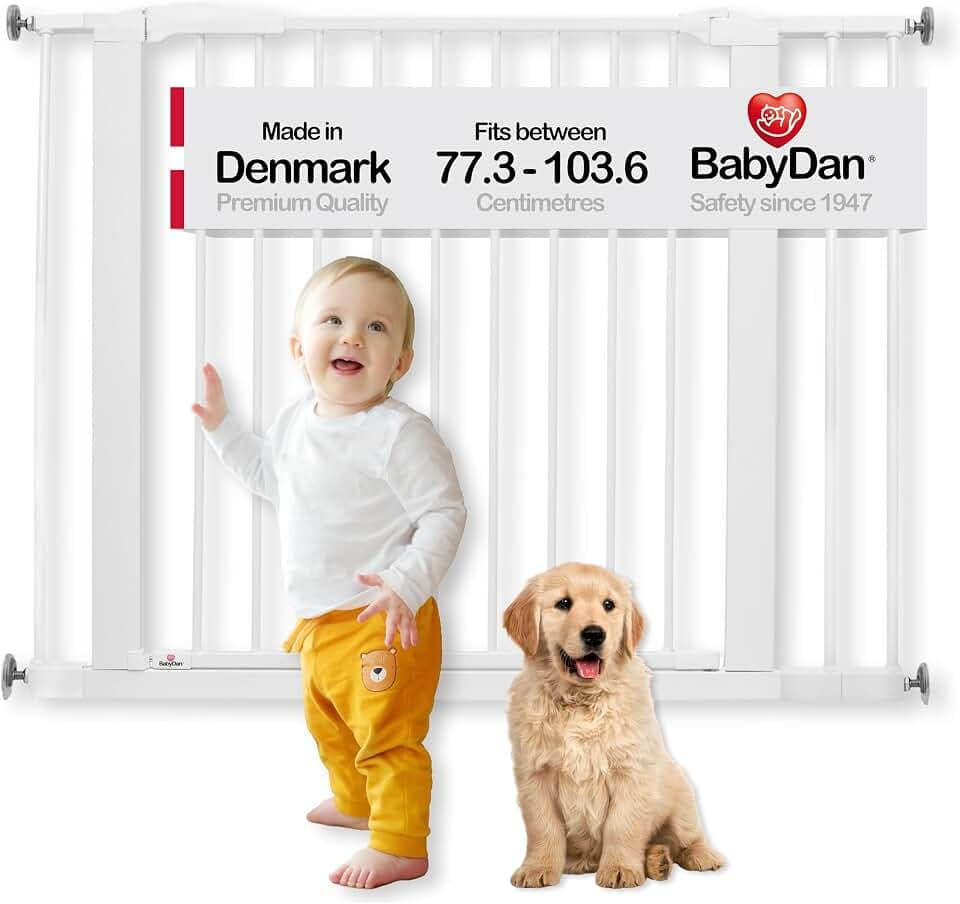 BabyDan Swing Shut, Ohne bohren Treppenschutzgitter, 77,3-103,6 cm, Babygitter/Sicherheitsgitter, Weiß, Hergestellt in Dänemark - (Haustiergitter/Hundegitter)