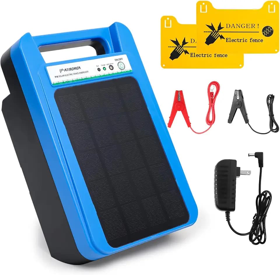 Solar Electric Fence Charger 8 kV Hight Power Energizer, 10000mAh Lithium Battery & 3W Solar Panel - Ideal for Livestock, Pet, Poultry, Gardens, Orchards Protection