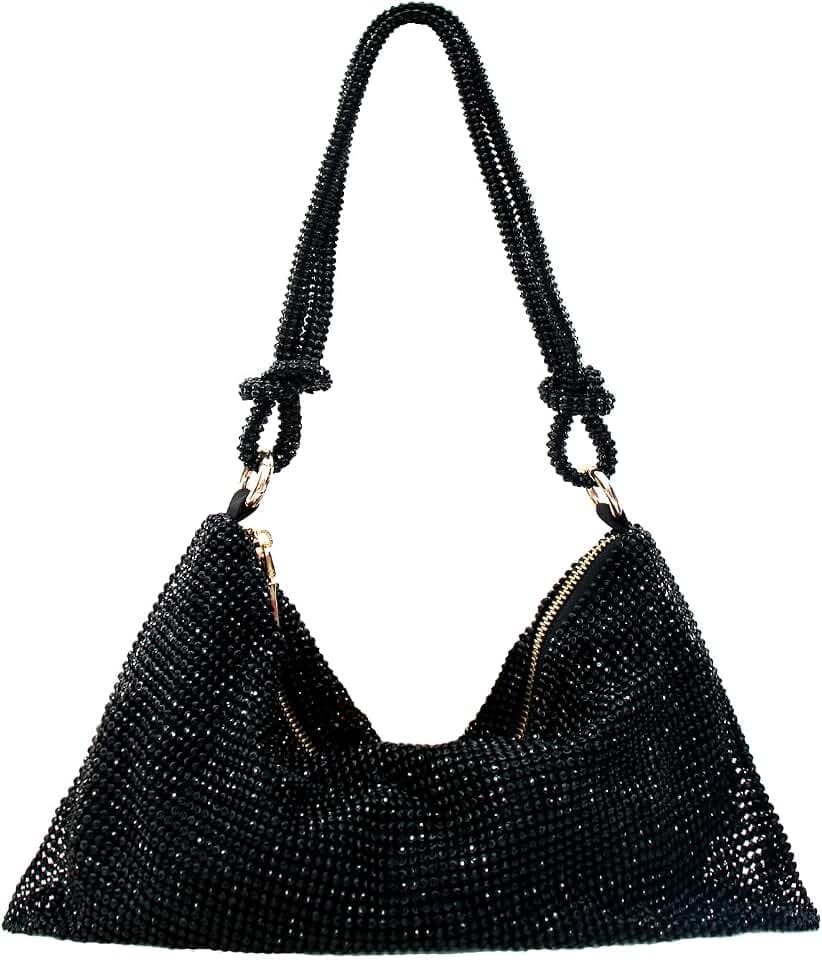 Rhinestone Purse Silver Hobo Purse Sparkly Black Evening Bag for Women Prom Party Wedding
