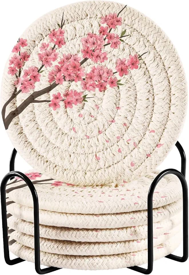 Spring Beautiful Cherry Blossoms Coasters Set of 6 with Holder Absorbent Round Coasters for Wooden Table Tabletop Protection Party Christmas Decor House Warming